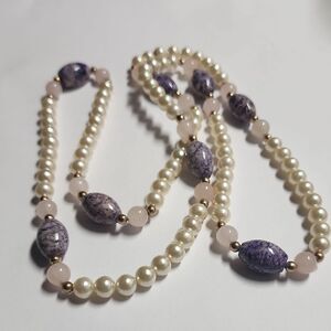 Elegant Faux Pearl Necklace With Stone Bead Accents Including Rose Quartz